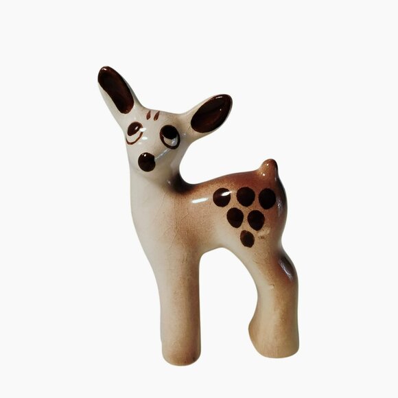 Vintage Brown Spotted Ceramic Deer Figurine, 1950s MCM Brown & Cream Fawn 4.5" - Picture 1 of 6
